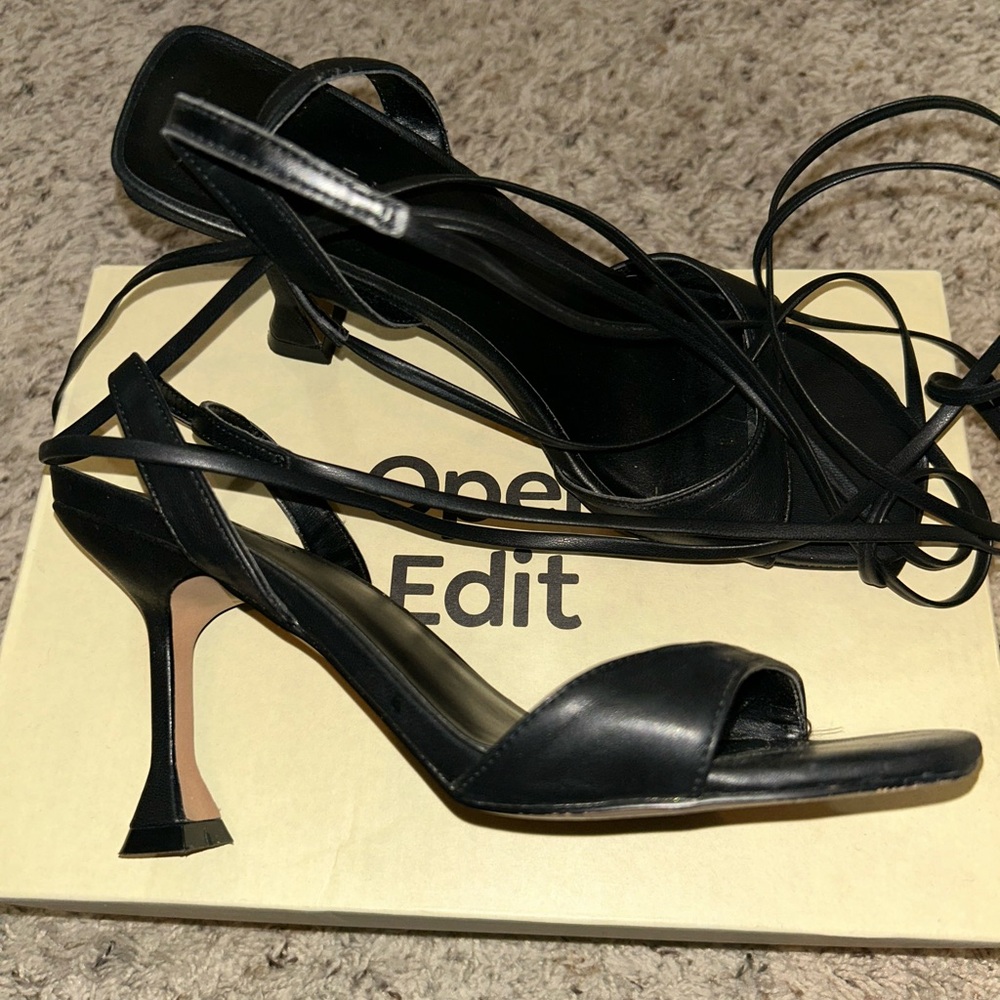 Open Edit black strappy lace up 3’ heel.